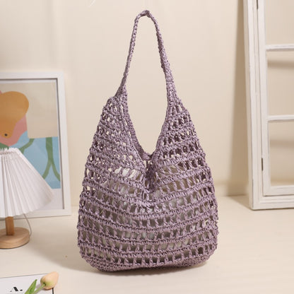 French Large Capacity Shoulder Straw Bag Hollow Out Cutout Tote Portable Straw Bag Woven Bag Seaside Vacation Beach Bag One Size Purple