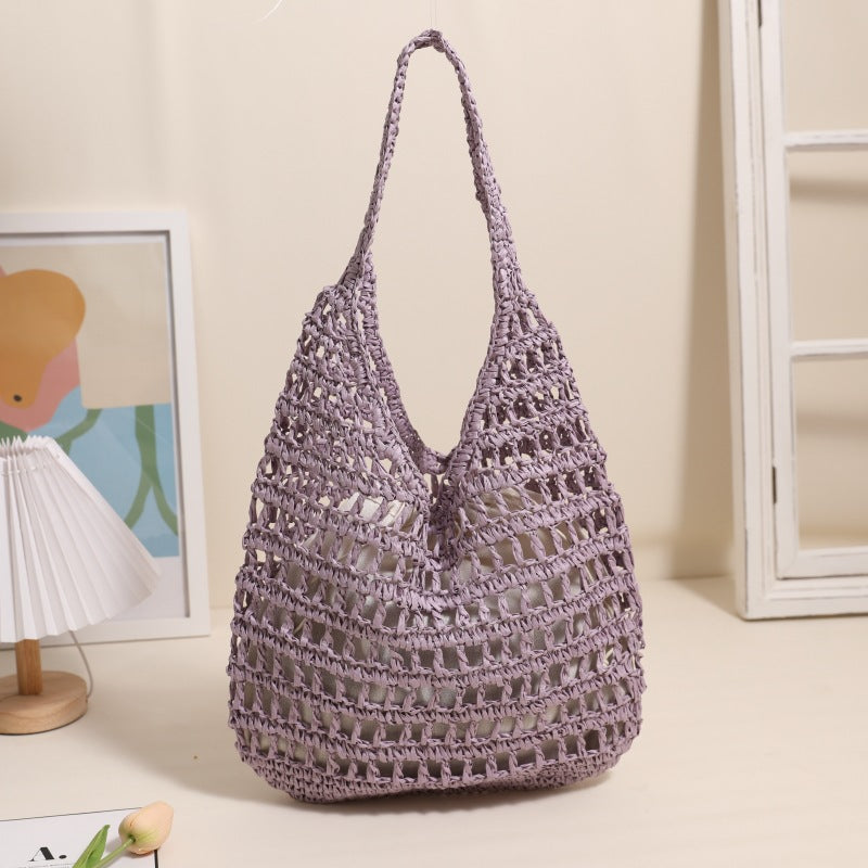 French Large Capacity Shoulder Straw Bag Hollow Out Cutout Tote Portable Straw Bag Woven Bag Seaside Vacation Beach Bag One Size Purple