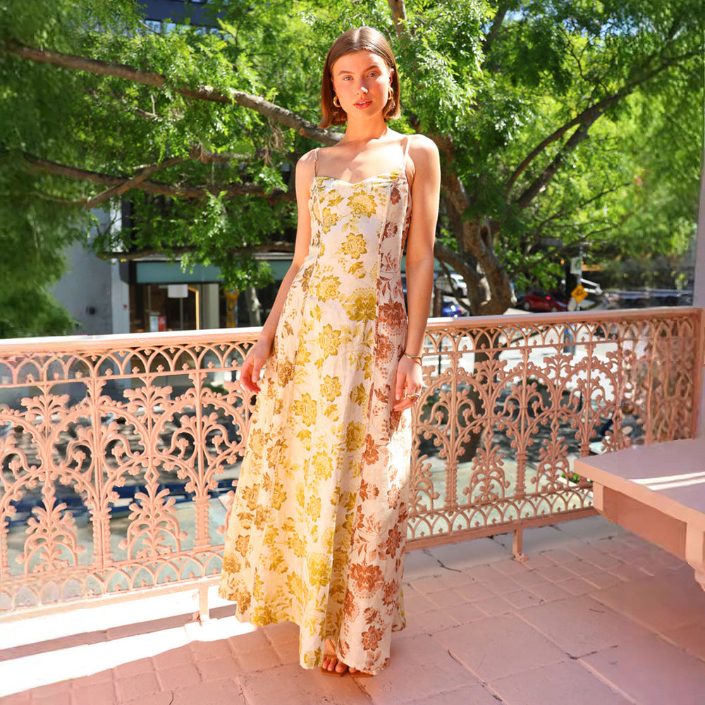 Casual Printing Sexy Backless Spaghetti Straps Large Swing Dress