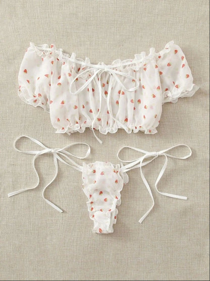 Sexy Lingerie Lace See-through Sexy Mesh Heart Printing Sexy Sleepwear Suit White