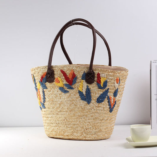 Fresh Embroidered Straw Bag Casual Bag Woven Bag Women Bag Shoulder Portable Seaside Vacation Beach Bag