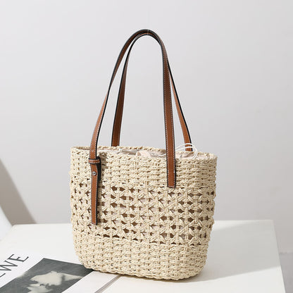 Straw Woven Bag Women Hollow Out Cutout Handmade Straw Bag Woven Bag Shoulder Portable Straw Weaved Bag Seaside Vacation Beach Bag
