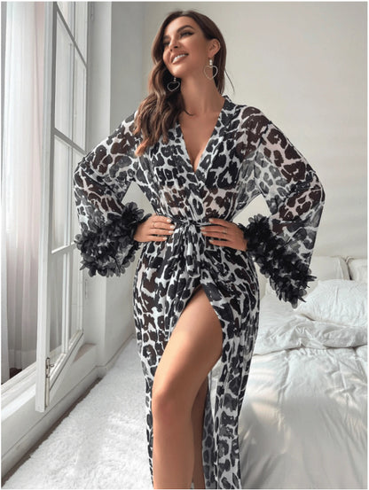Sexy Thin Transparent Leopard Print Bell Sleeve Bathrobe Sexy Lingerie Multi