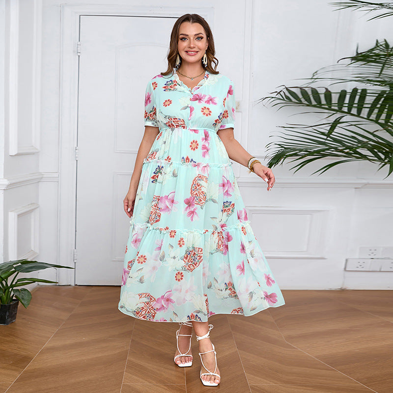 Plus Size Dress Ruffled Tencel Chiffon Big Swing Maxi Dress Mint