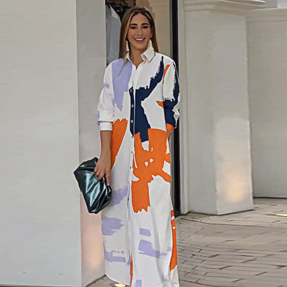 Autumn Printed Shirt Collar Loose Waist Dress Women Orange on White Background