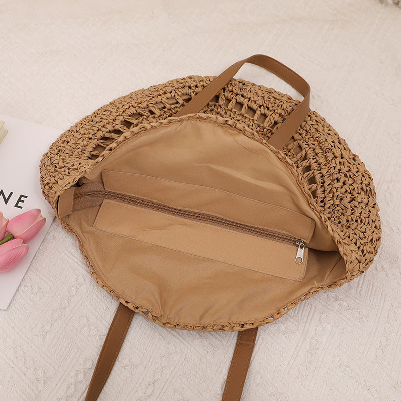 round Straw Bag One Shoulder Portable Hollow Out Cutout out Straw Bag Woven Bag Women Summer Seaside Casual Vacation Beach Bag
