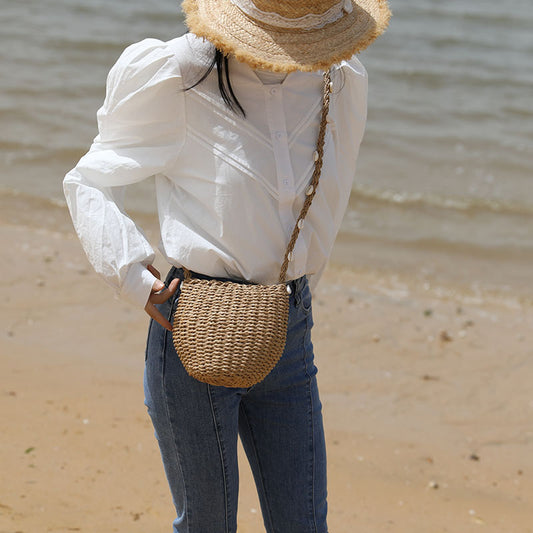 Cute Straw Bag Women Single Shoulder Crossbody Shell Straw Bag Woven Bag All Match Seaside Vacation Beach Bag