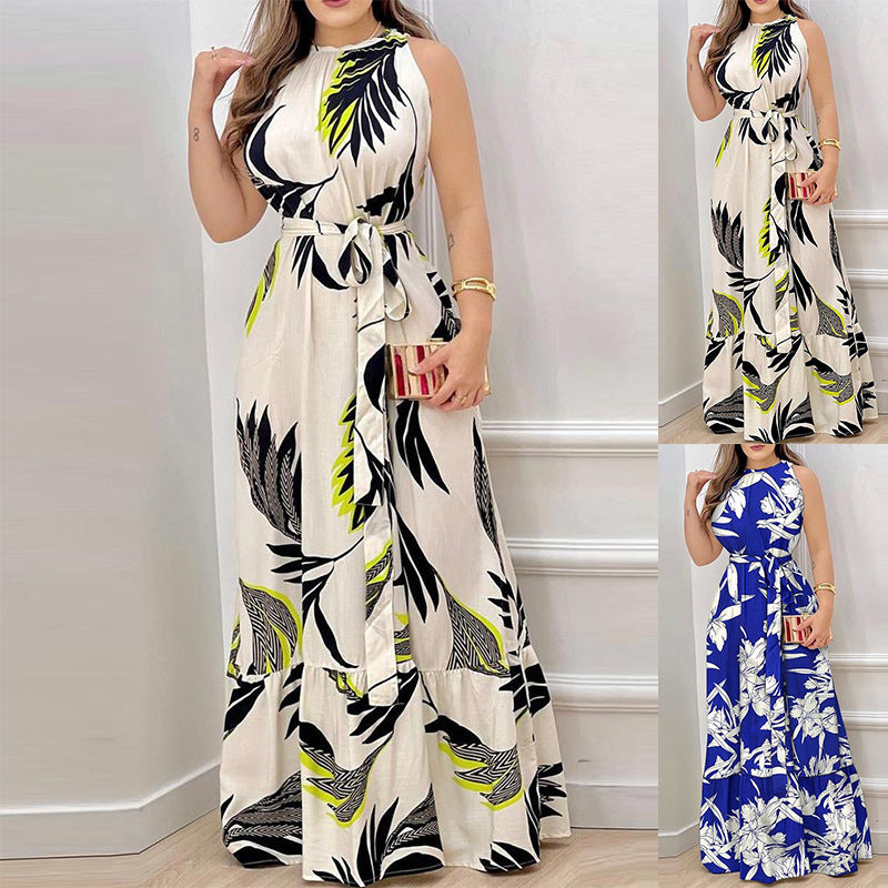 Summer Retro Fashionable round Neck Printed Halter Dress Long Dress