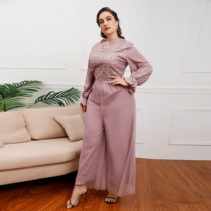 Plus Size Middle East Light Luxury Dress Elegant One Piece Trousers High Waist Loose Wide Leg Flared Pants Lotus root starch color
