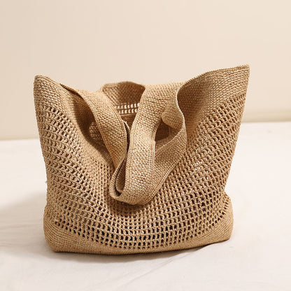 Large Capacity Raffia One Shoulder Straw Bag Hollow Out Cutout Straw Bag Woven Bag Seaside Vacation Beach Bag