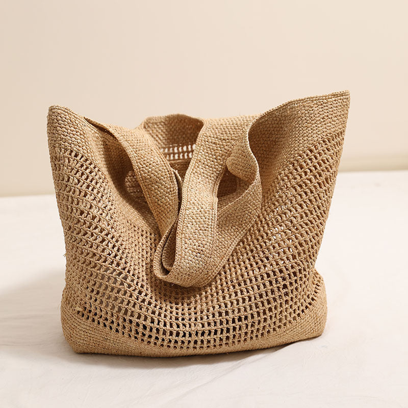 Large Capacity Raffia One Shoulder Straw Bag Hollow Out Cutout Straw Bag Woven Bag Seaside Vacation Beach Bag
