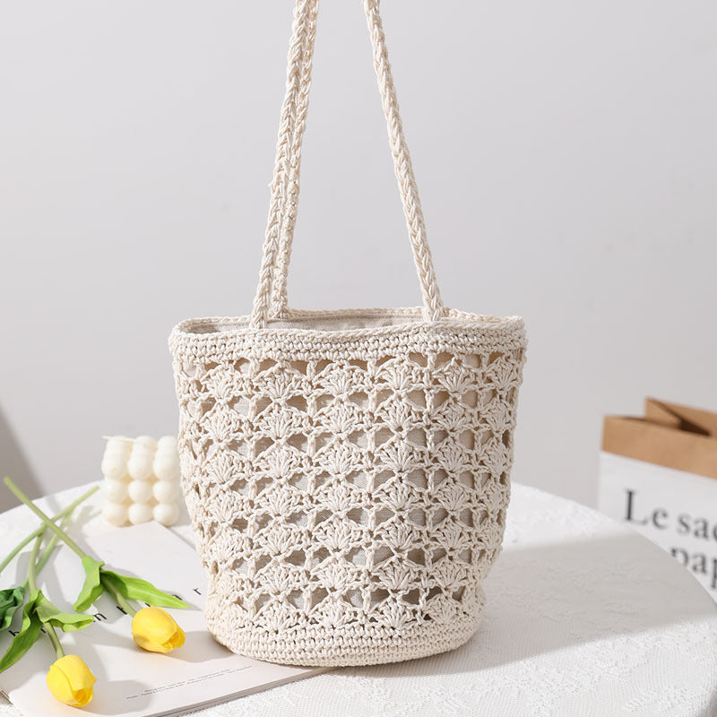 Korean Hollow Out Cutout Cotton Thread Hand Woven Bag Chi Elegant One Shoulder Portable Straw Weaved Bag Seaside Vacation Beach Bag