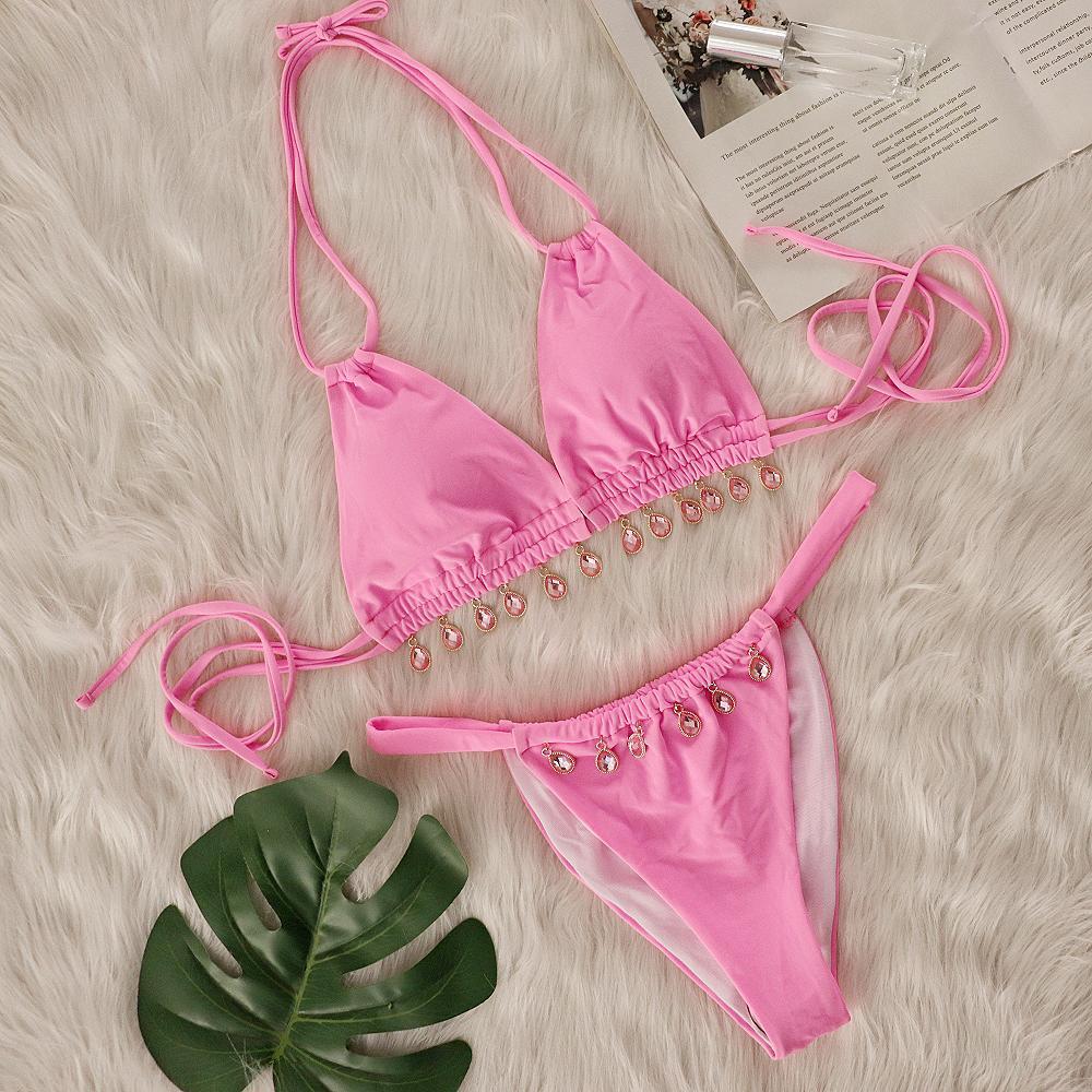 Two Piece Swimsuit Women Pink Bikini Swimsuit with Gem Embellished Pink