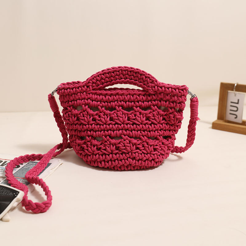 Crossbody Cotton Thread Woven Bag All Matching Hollow Out Cutout Straw Bag Vacation Beach Bag Partysu Women Bag One Size Colorful Crossbody Cotton Thread Rose Red with Lining