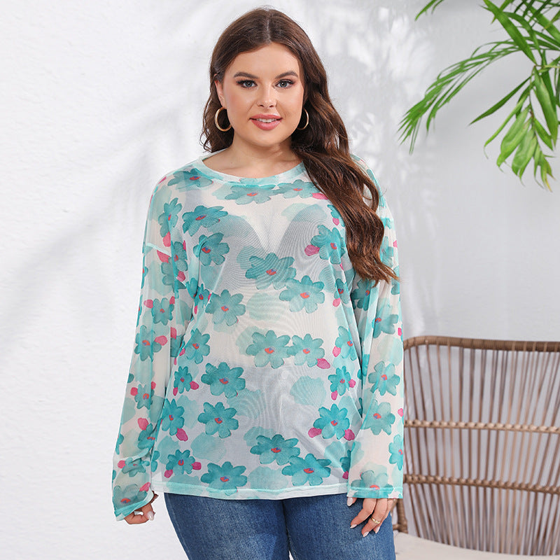 Women Lightweight Casual Printing round Neck Long Sleeve Top Ice Silk Net Yarn Cool T shirt