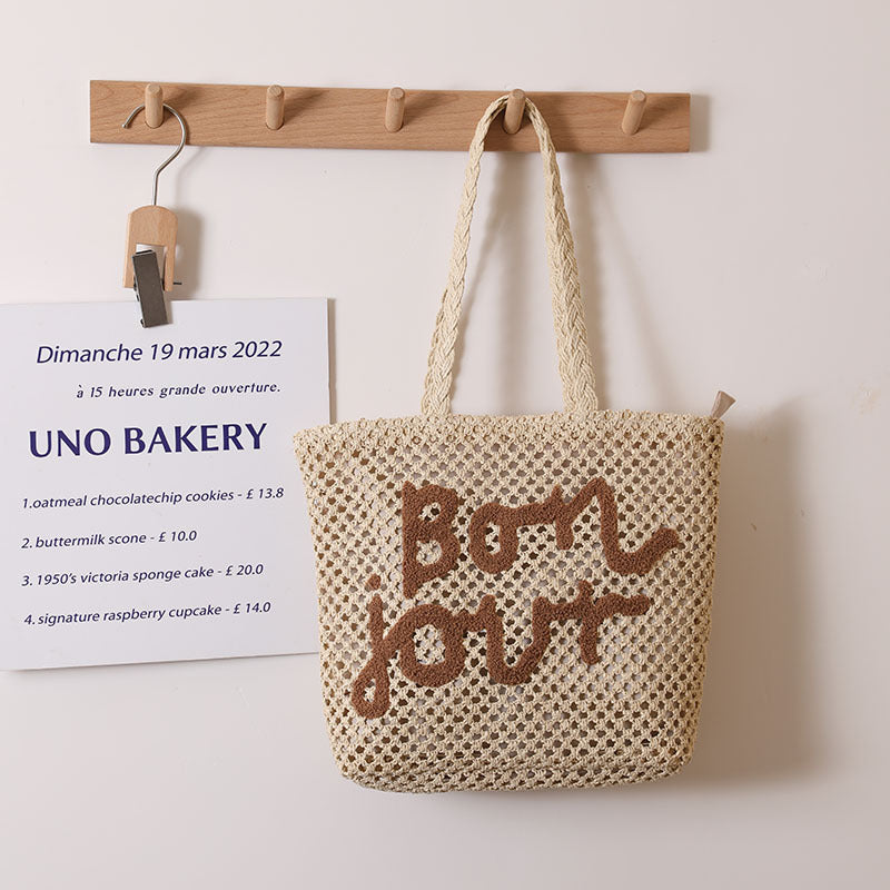 Letter Graphic Embroidery Woven Bag All Match Shoulder Hollow Out Cutout Straw Bag Vacation Beach Bag Women Bag One Size Letter One Shoulder Beige Coffee