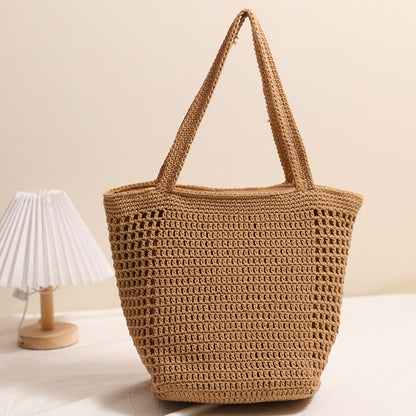Large Capacity Cotton Thread Woven Bag Hollow Out Cutout Shoulder Straw Bag Vacation Beach Bag Women Bag One Size Coffee