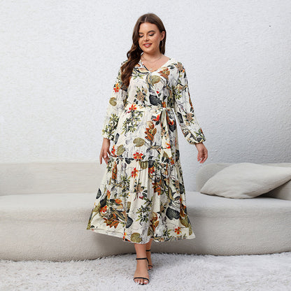 Plus Size Spring Dress Printed V neck Long Sleeve Floral Dress Loose Swing Dress Apricot