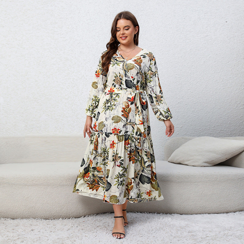 Plus Size Spring Dress Printed V neck Long Sleeve Floral Dress Loose Swing Dress Apricot