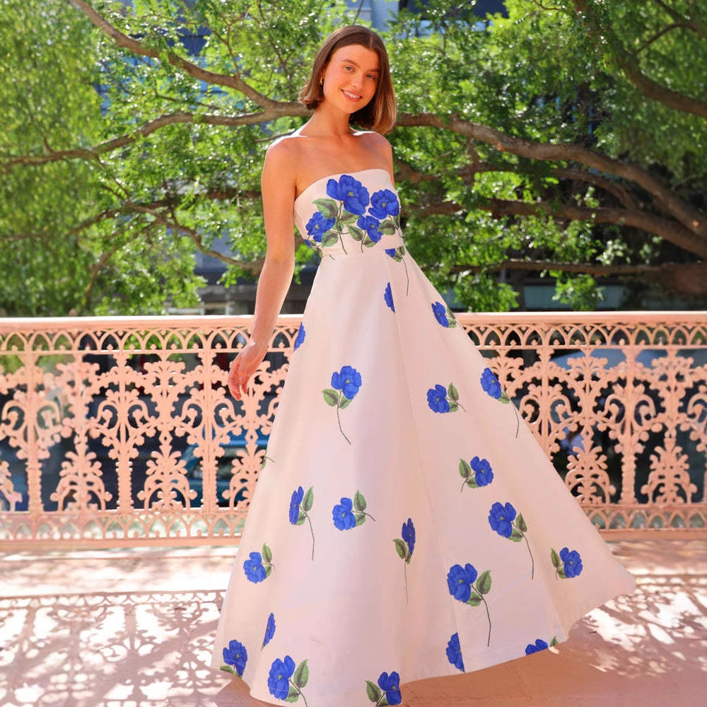 Satin Evening Dress - Strapless High Waist Floral Print Tube Top Dress