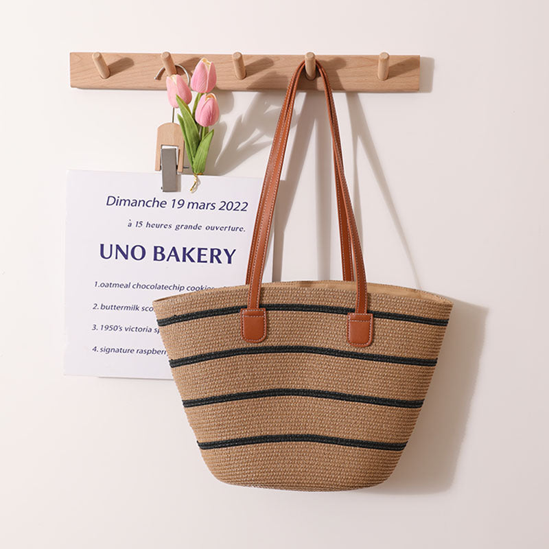 Striped Shoulder Straw Bag Woven Bag Summer Large Capacity Casual All Match Women Seaside Beach Rattan Woven Bag One Size Belt Wide Stripes