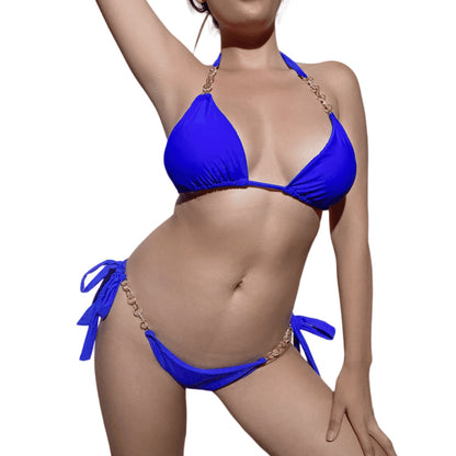 Sexy Metal Chain Two Pieces Swimsuit Solid Color Swimsuit Women High Quality Bikini Blue