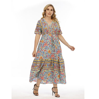 Plus Size Bohemian Dress Wearable Lace Patchwork Maxi Dress