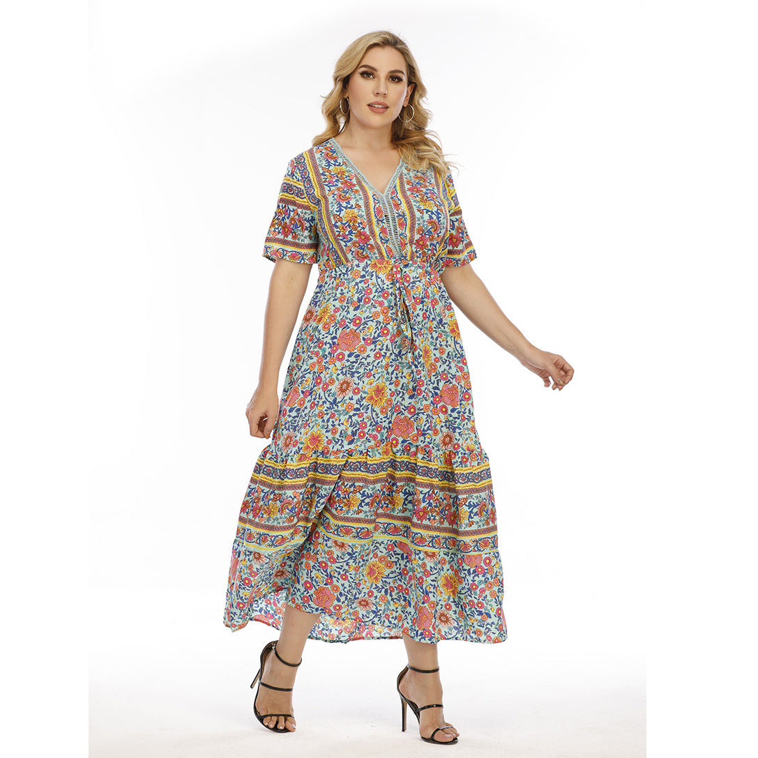 Plus Size Bohemian Dress Wearable Lace Patchwork Maxi Dress