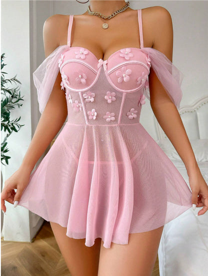 Lace Sexy Lingerie Exquisite Embroidery Sheer Mesh Steel Ring Push up Sexy Set Women Dress Pink