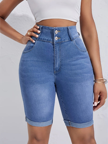 Ladies High Waist Double Buckle Middle Pants Curling Stretch Denim Shorts Cycling Pants Light Blue