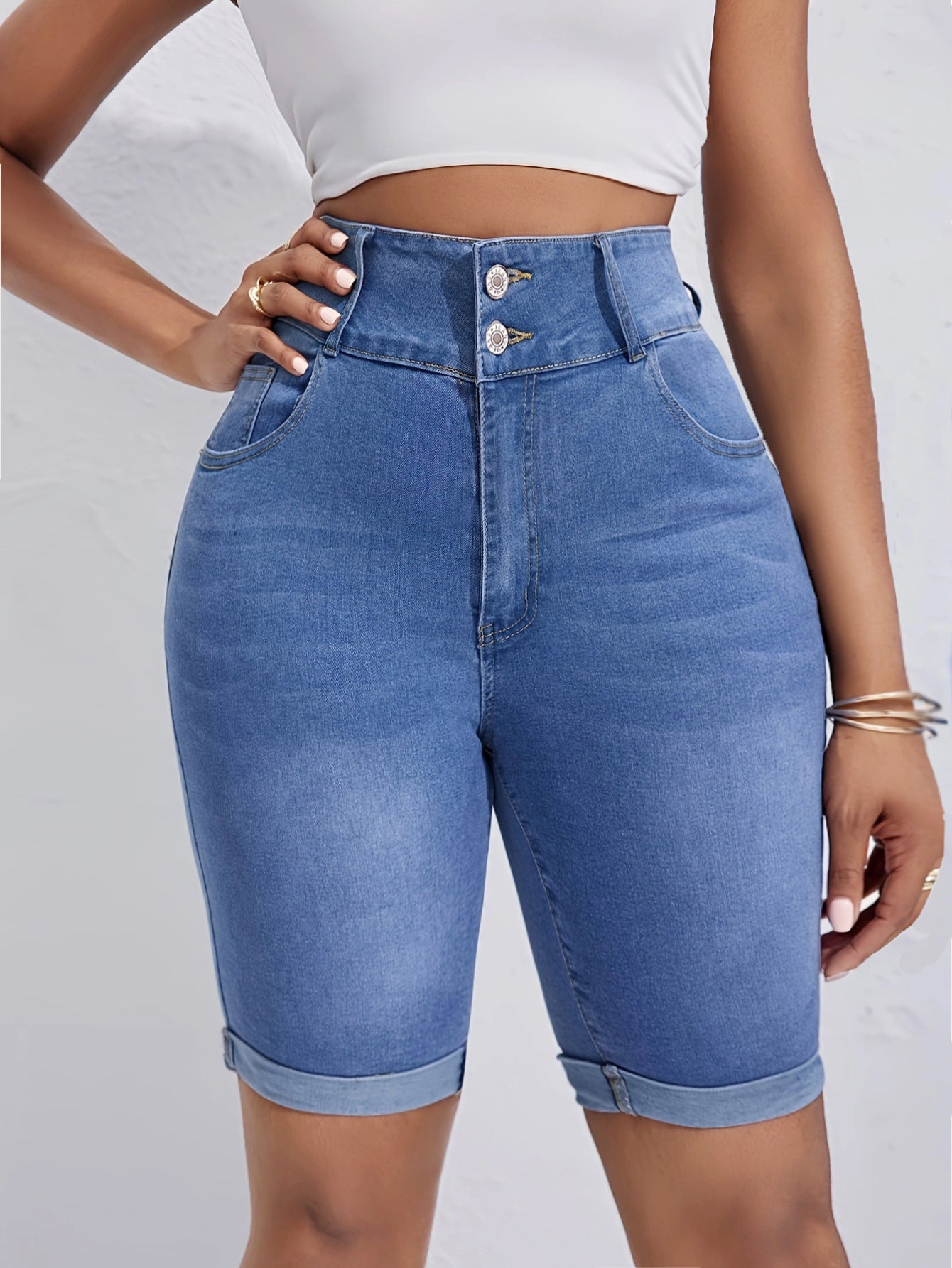 Ladies High Waist Double Buckle Middle Pants Curling Stretch Denim Shorts Cycling Pants Light Blue
