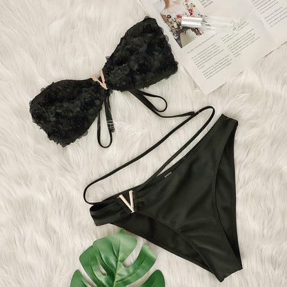 Black Floral Tube Top Deep V Plunge Sexy Bikini Two Piece Sets Beach Spring Vacation Swimsuit Black