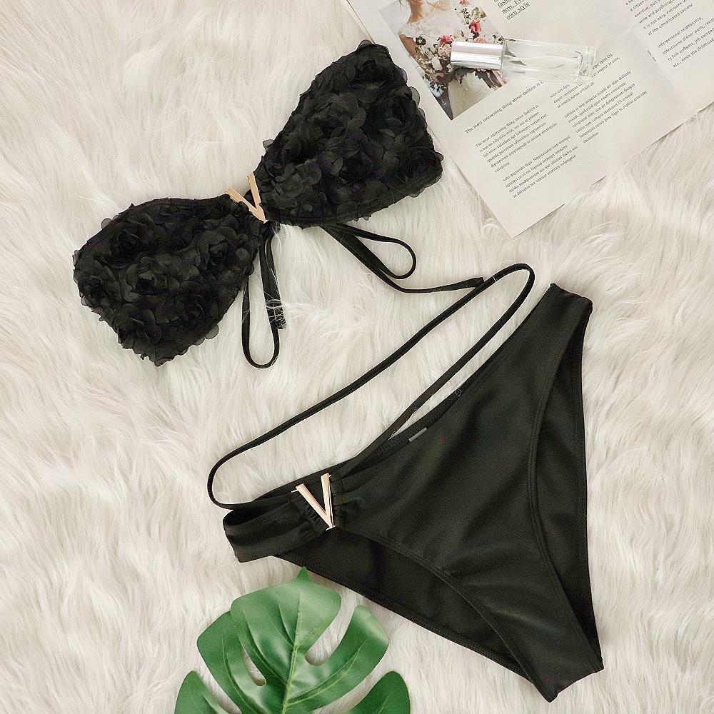 Black Floral Tube Top Deep V Plunge Sexy Bikini Two Piece Sets Beach Spring Vacation Swimsuit Black