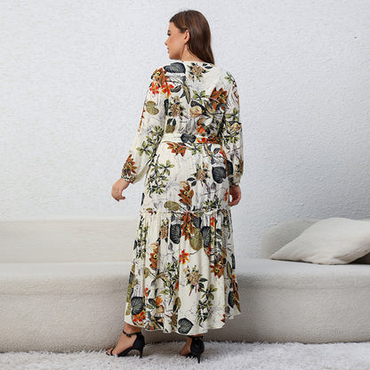 Plus Size Spring Dress Printed V neck Long Sleeve Floral Dress Loose Swing Dress