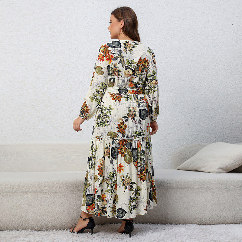 Plus Size Spring Dress Printed V neck Long Sleeve Floral Dress Loose Swing Dress