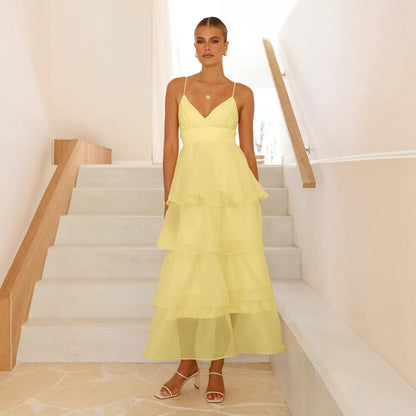 Sexy Backless Spaghetti Straps Cake Pleated Lace up Evening Party Dress Slim Fit Dress Women Yellow