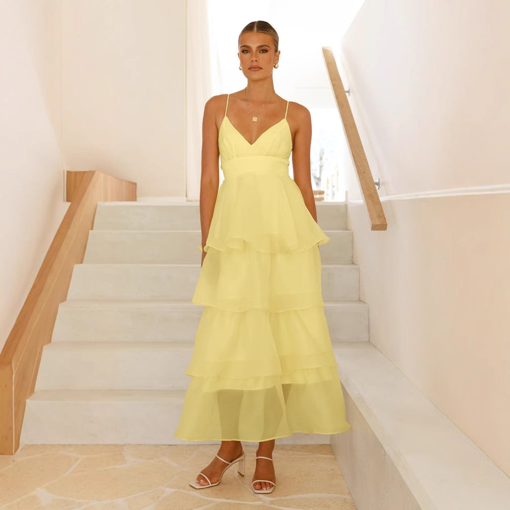 Sexy Backless Spaghetti Straps Cake Pleated Lace up Evening Party Dress Slim Fit Dress Women Yellow