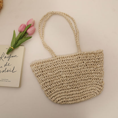 One Shoulder Straw Bag Simple Hollow Out Cutout out Straw Bag Woven Bag Summer Sweet Portable Seaside Vacation Beach Bag Women One Size Cream