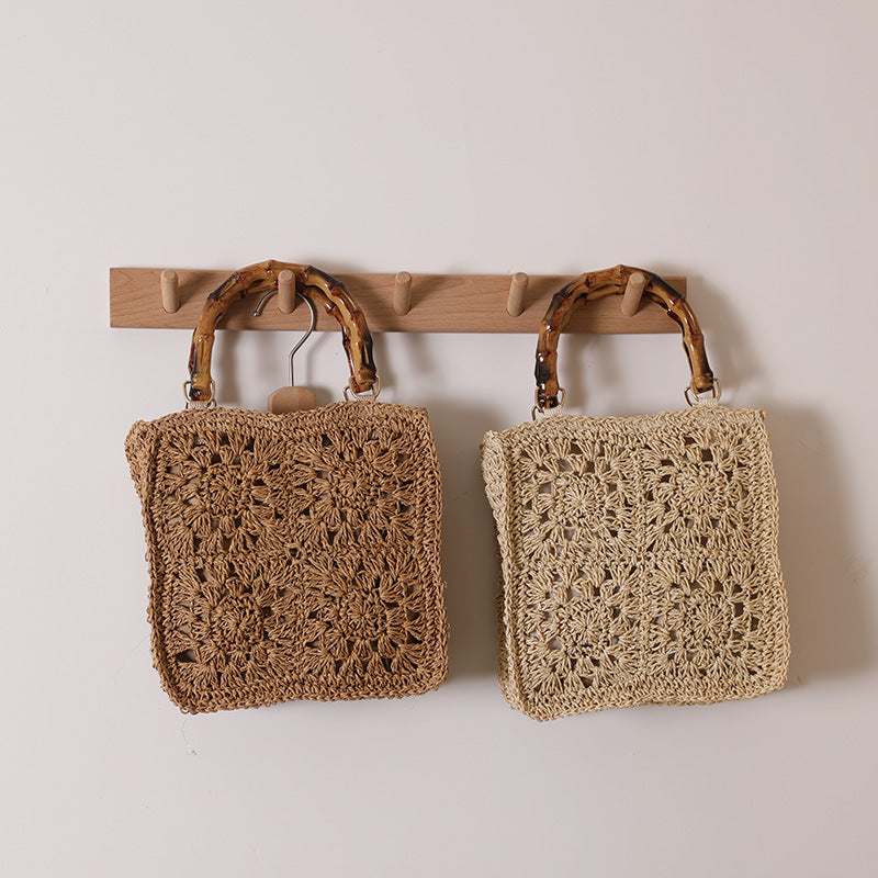 Bamboo Handle Straw Bag Paper String Square Crocheted Women Bag Fresh Casual Woven Bag Beach Bag