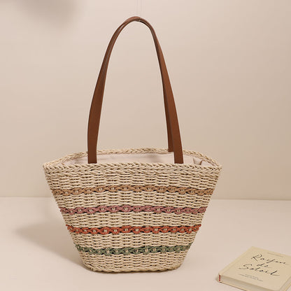Colorful Striped Shoulder French Straw Bag Large Capacity Woven Bag Women Seaside Vacation Beach Bag One Size Multi2
