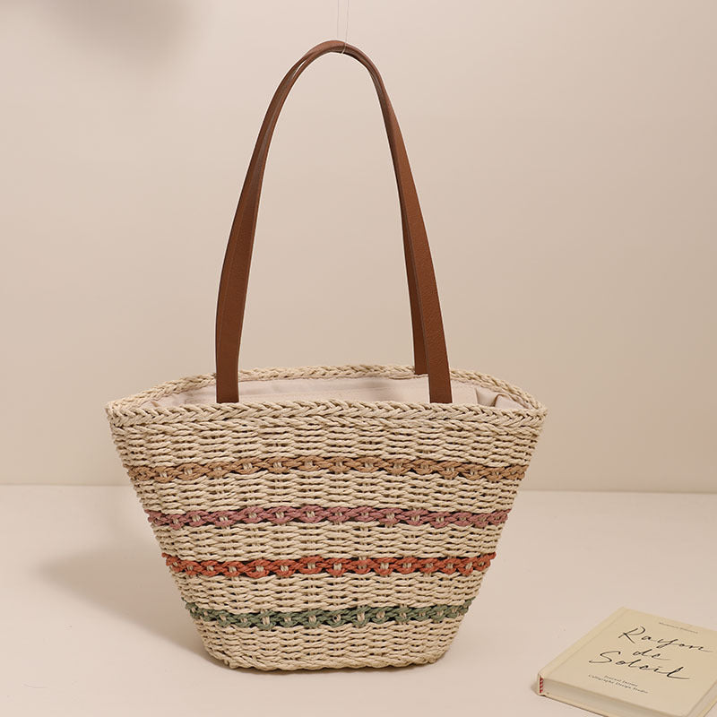 Colorful Striped Shoulder French Straw Bag Large Capacity Woven Bag Women Seaside Vacation Beach Bag One Size Multi2