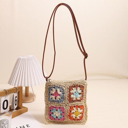 Hollow Out Cutout Floral Crossbody Straw Bag Retro Square Straw Bag Woven Bag Vacation Beach Bag All Match Shoulder Bag One Size Multi2