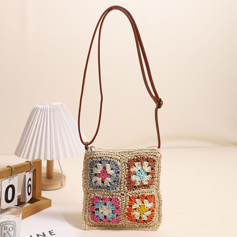 Hollow Out Cutout Floral Crossbody Straw Bag Retro Square Straw Bag Woven Bag Vacation Beach Bag All Match Shoulder Bag One Size Multi2