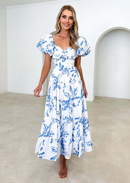 Spring Women Fashionable Elegant Puff Sleeve V neck Hollow Out Cutout out Printed Dress for Women Blue and White Printing