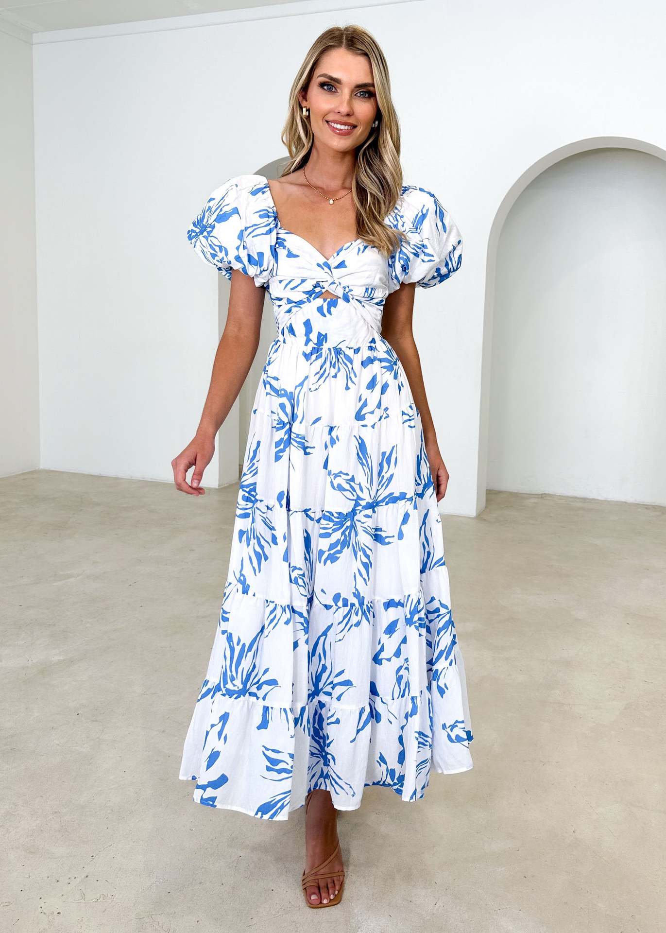 Spring Women Fashionable Elegant Puff Sleeve V neck Hollow Out Cutout out Printed Dress for Women Blue and White Printing
