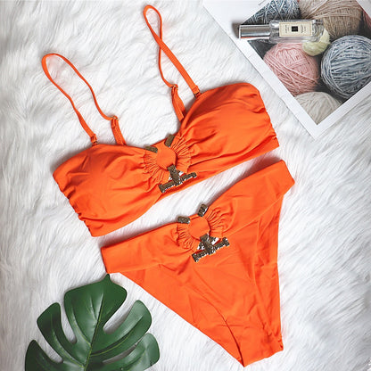 Sexy Swimsuit Metal Accessories Hollow Out Cutout Bikini Solid Color Tube-Top High Waist Women Swimwear Orange