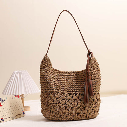 Hollow Out Cutout Straw Bag Tassel Straw Bag Woven Bag Seaside Vacation Beach Bag Casual Shoulder Bag One Size Peach Heart Tassel Coffee
