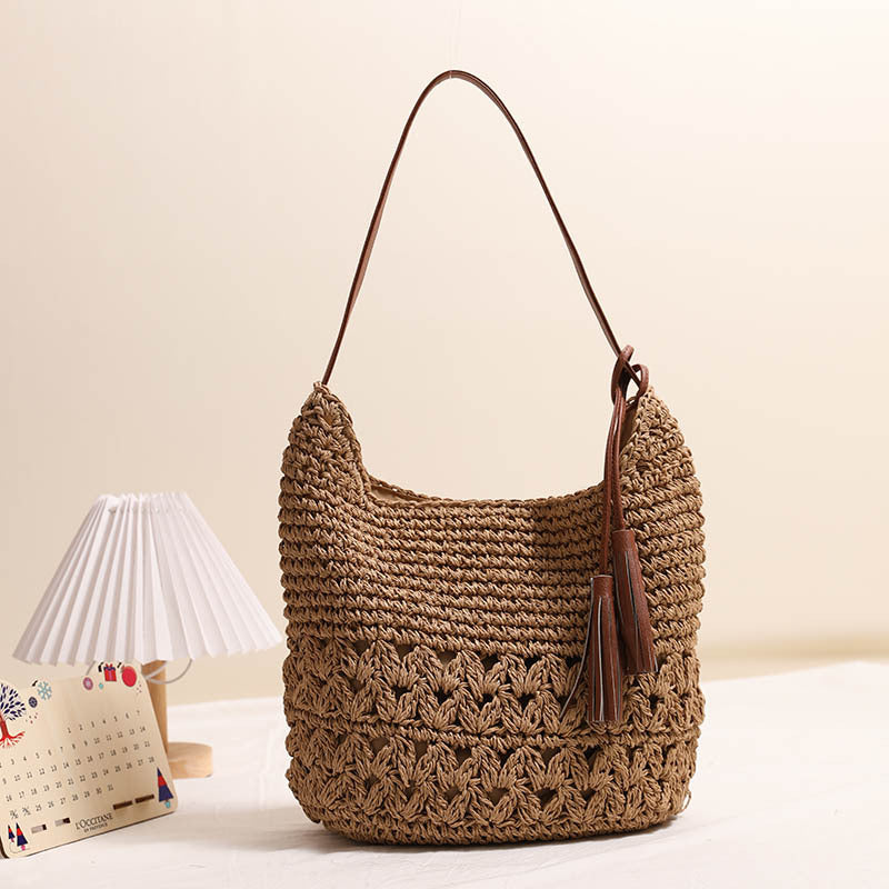 Hollow Out Cutout Straw Bag Tassel Straw Bag Woven Bag Seaside Vacation Beach Bag Casual Shoulder Bag One Size Peach Heart Tassel Coffee