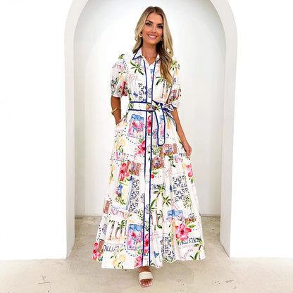 Women Clothes Cotton Linen Floral Print Lace up Short Sleeve Dress Women