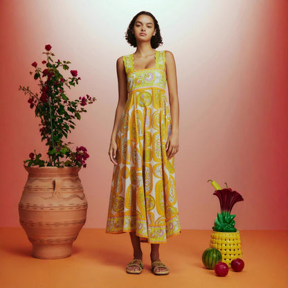 Summer Sexy Sling Printed High Waist Big Swing Dress Women Turmeric